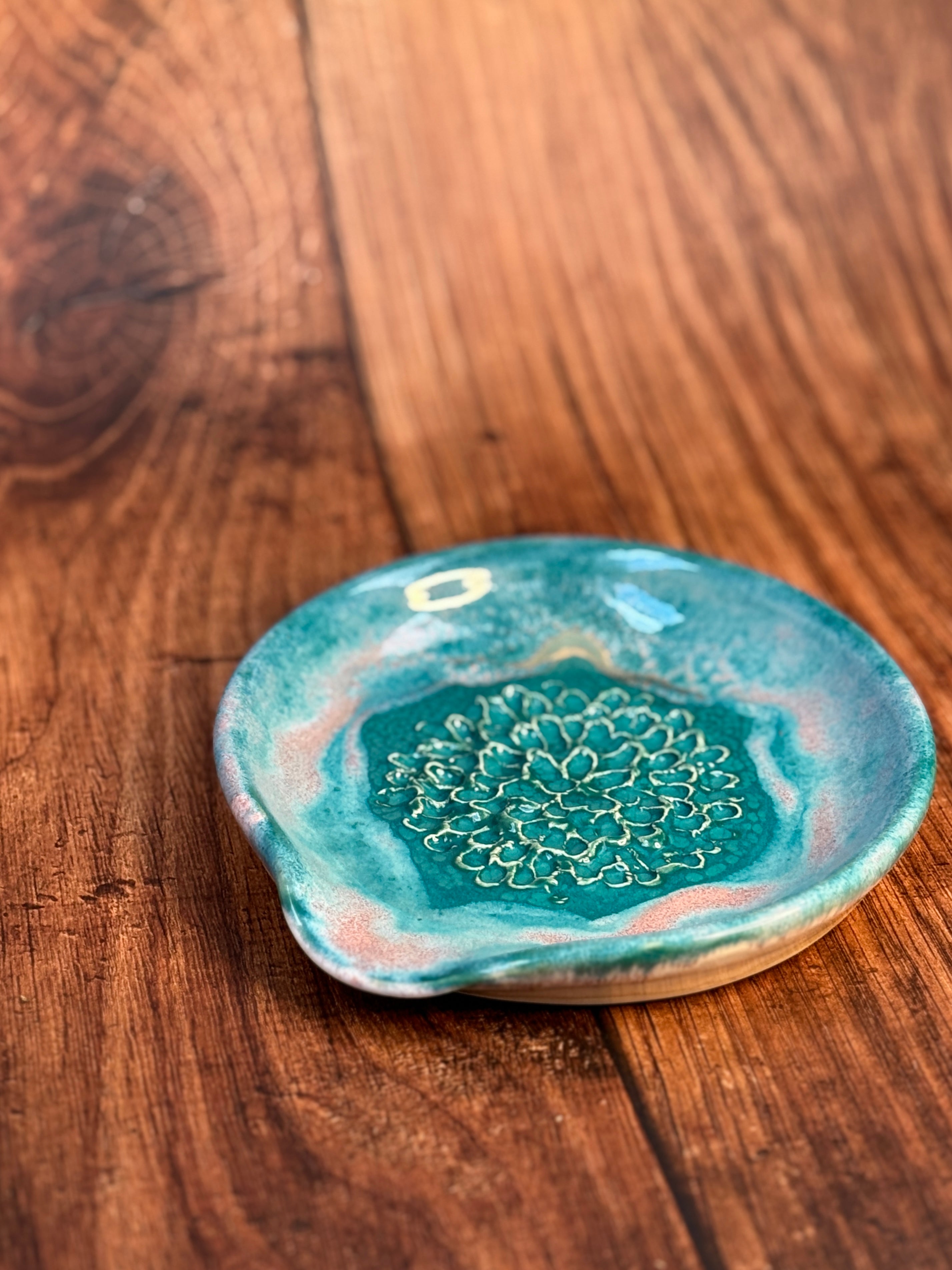 Teal & Pink Handmade Garlic Grater Dish (Stoneware)