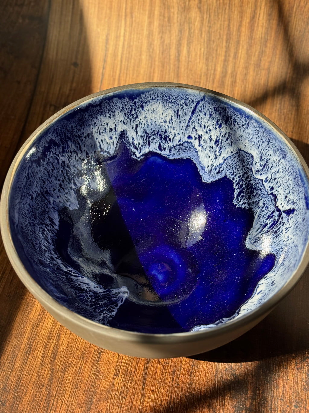 Large Handmade Ceramic Salad Bowl with Cobalt Interior (Stoneware)